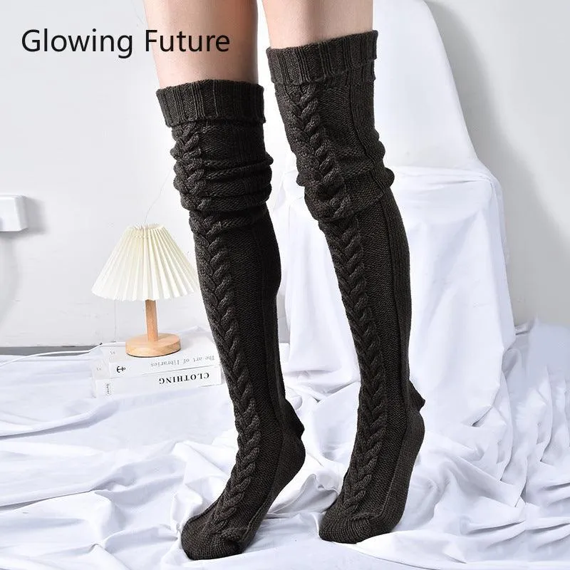 Knit Over Knee Stockings Winter Extended Woolen Solid Color Knee High Socks