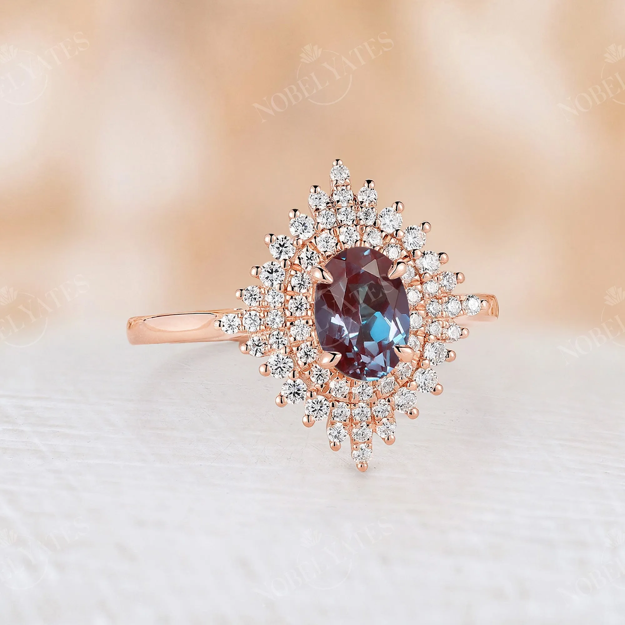 Lab Alexandrite Oval Engagement Ring Rose Gold Halo