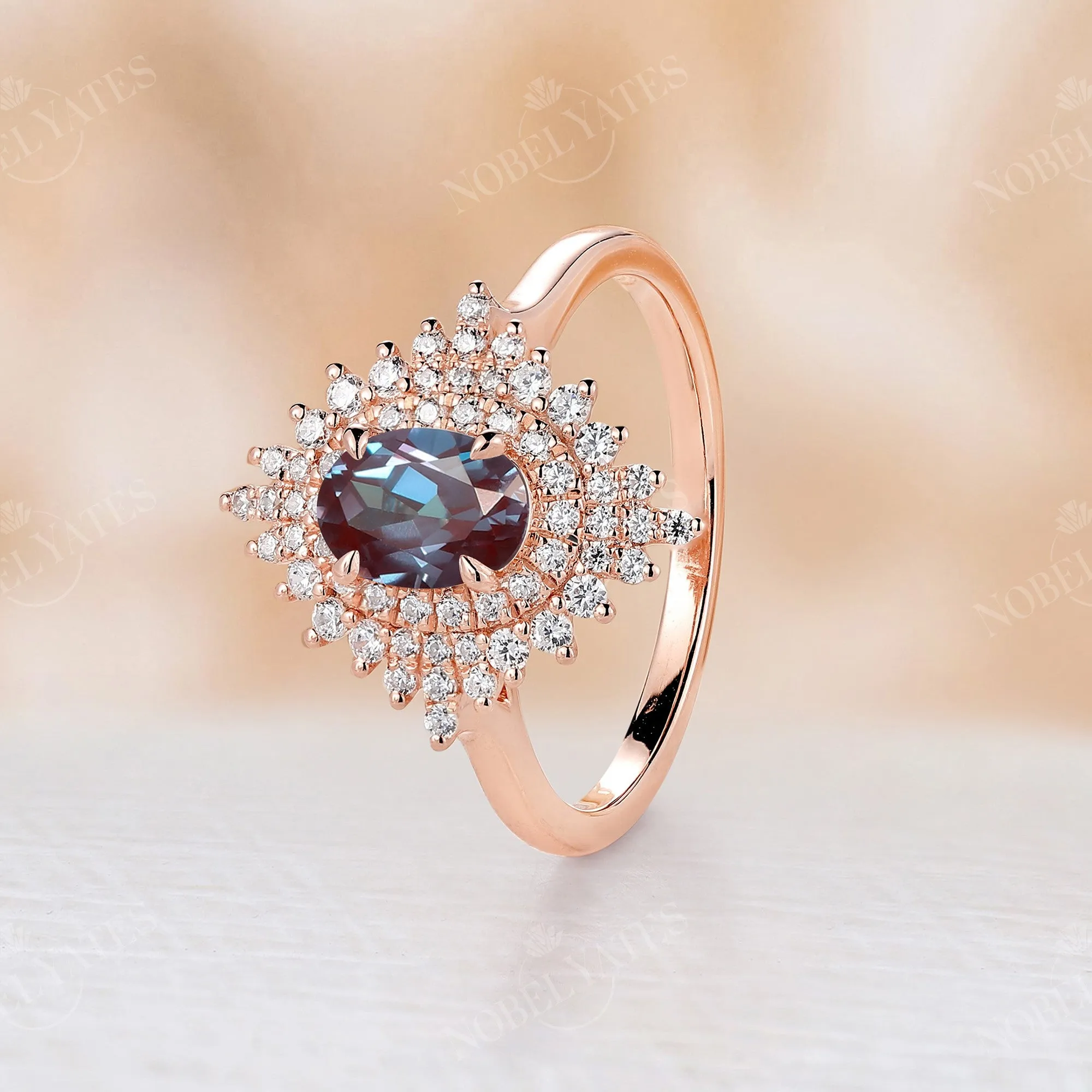 Lab Alexandrite Oval Engagement Ring Rose Gold Halo