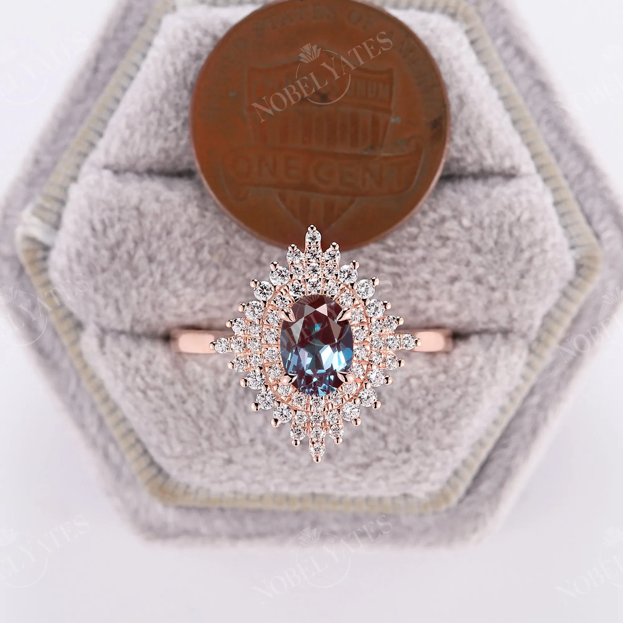 Lab Alexandrite Oval Engagement Ring Rose Gold Halo