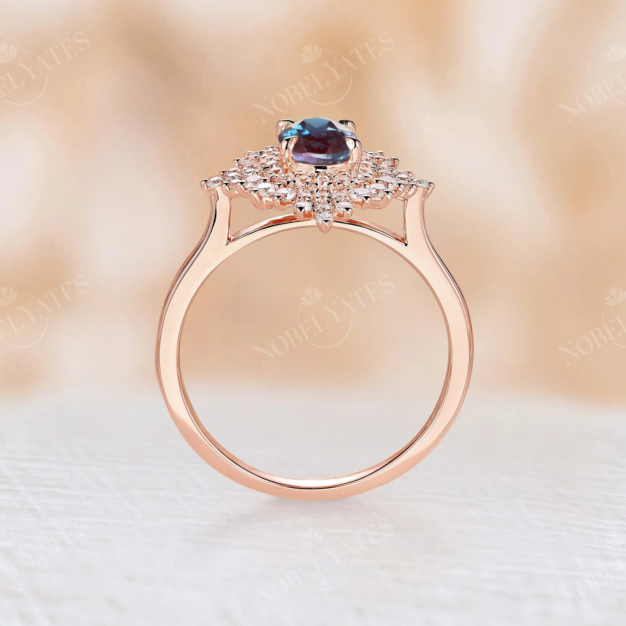 Lab Alexandrite Oval Engagement Ring Rose Gold Halo