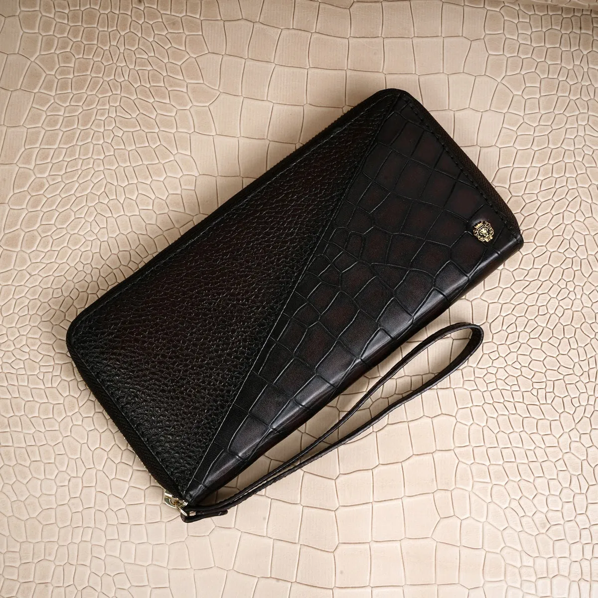 Ladies Clutch/Wallet in Dark Brown Center stitched Silhouette Deep Cut & Textured Leather