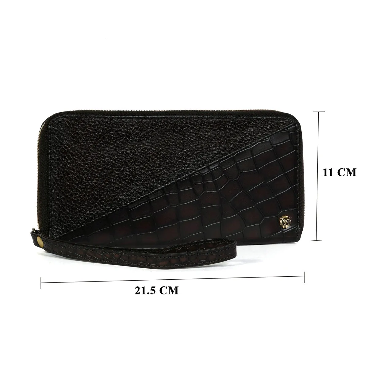 Ladies Clutch/Wallet in Dark Brown Center stitched Silhouette Deep Cut & Textured Leather