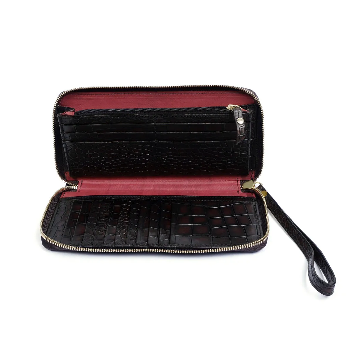 Ladies Clutch/Wallet in Dark Brown Center stitched Silhouette Deep Cut & Textured Leather