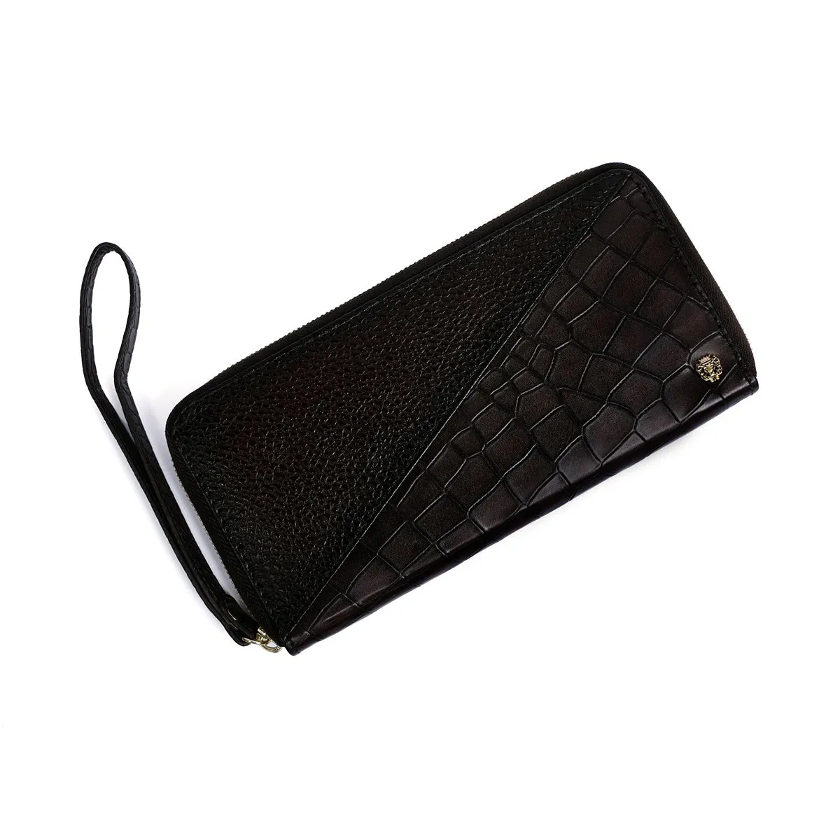 Ladies Clutch/Wallet in Dark Brown Center stitched Silhouette Deep Cut & Textured Leather