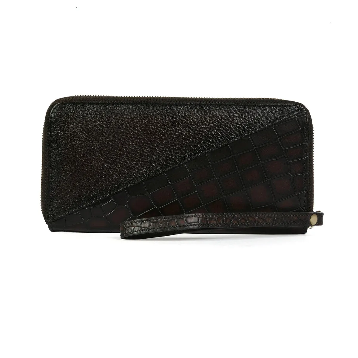 Ladies Clutch/Wallet in Dark Brown Center stitched Silhouette Deep Cut & Textured Leather