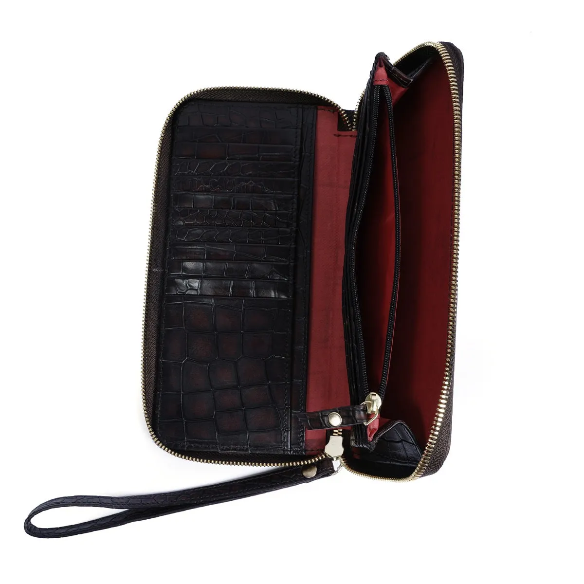 Ladies Clutch/Wallet in Dark Brown Center stitched Silhouette Deep Cut & Textured Leather