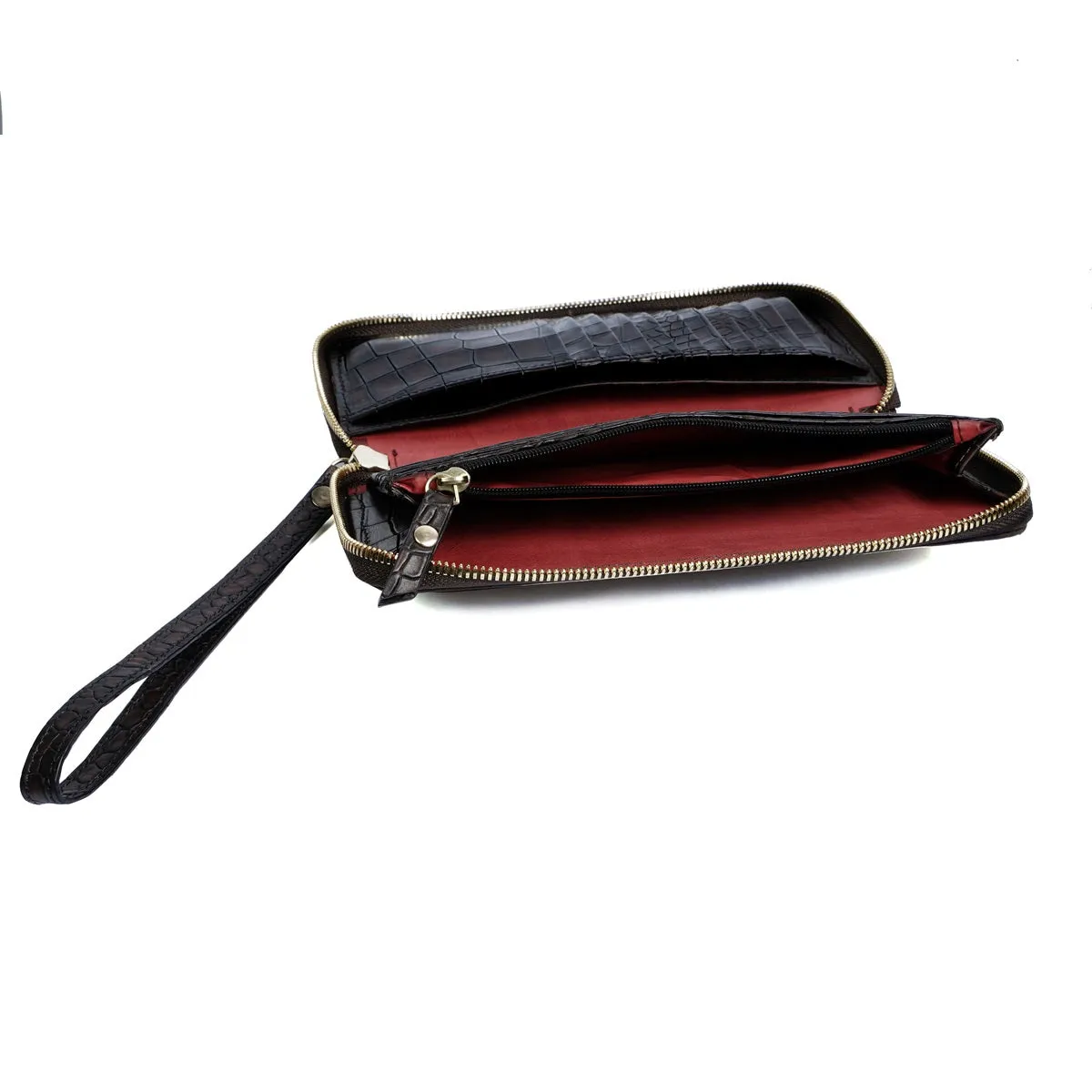 Ladies Clutch/Wallet in Dark Brown Center stitched Silhouette Deep Cut & Textured Leather