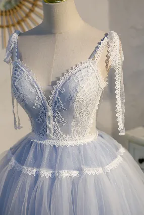 Light Blue Spaghetti Straps Lace Tulle Short Homecoming Dresses