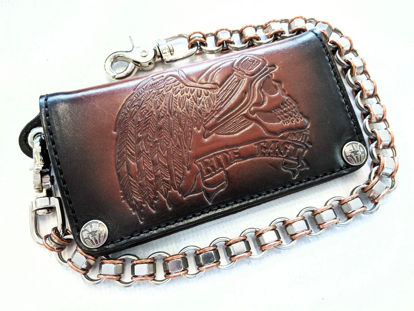 Long Biker Leather Chain Wallet - Ride Fast Skull