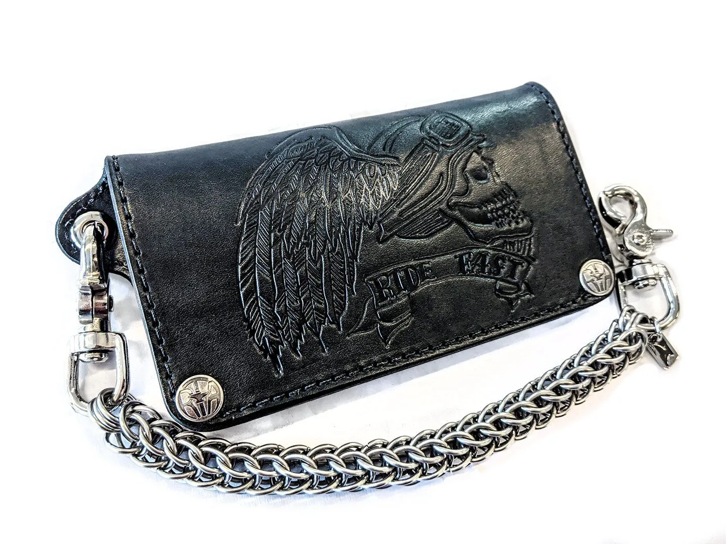 Long Biker Leather Chain Wallet - Ride Fast Skull