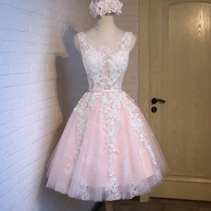 Lovely Junior Pink White Lace Appliques Lace Up Back Sleeveless Homecoming Dress,BD0071