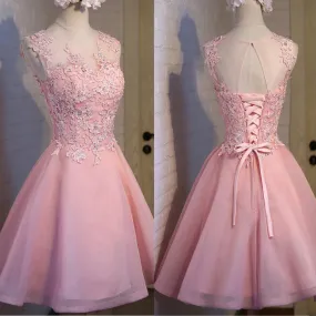 Lovely Pink Appliques Beads Sequins Sleeveless Clairvoyant Outfit Lace Up Back Organza Homecoming Dress,BD0132