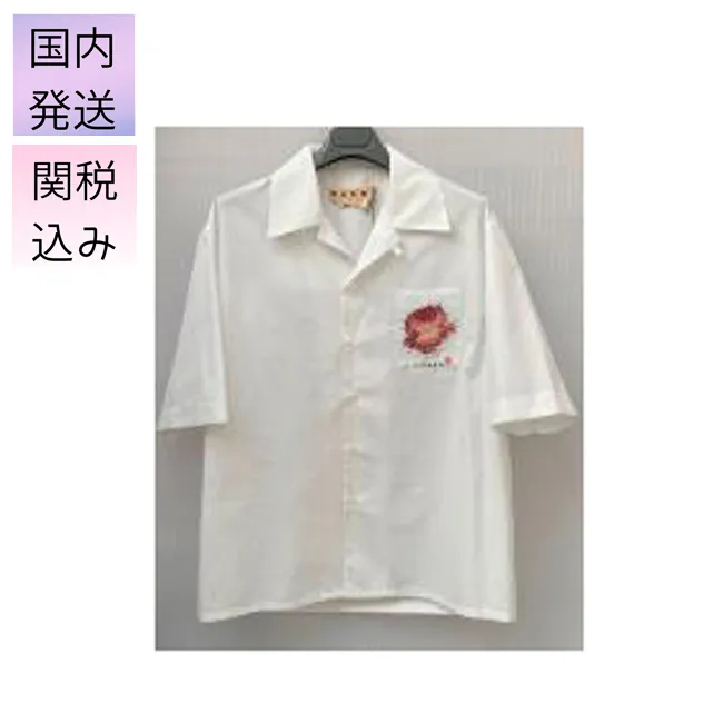 MARNI  |White organic poplin bowling shirt with flower patch