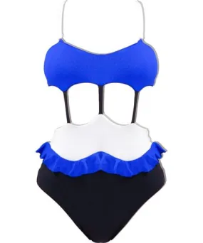 Mary Mercedes Women's Blue Mitchy One Piece Swimsuit With Ruffle Waist & Convertible Straps