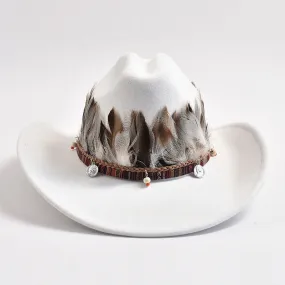 Men and Women Vintage Feather Decoration Wide Brim Western Cowboy Hat