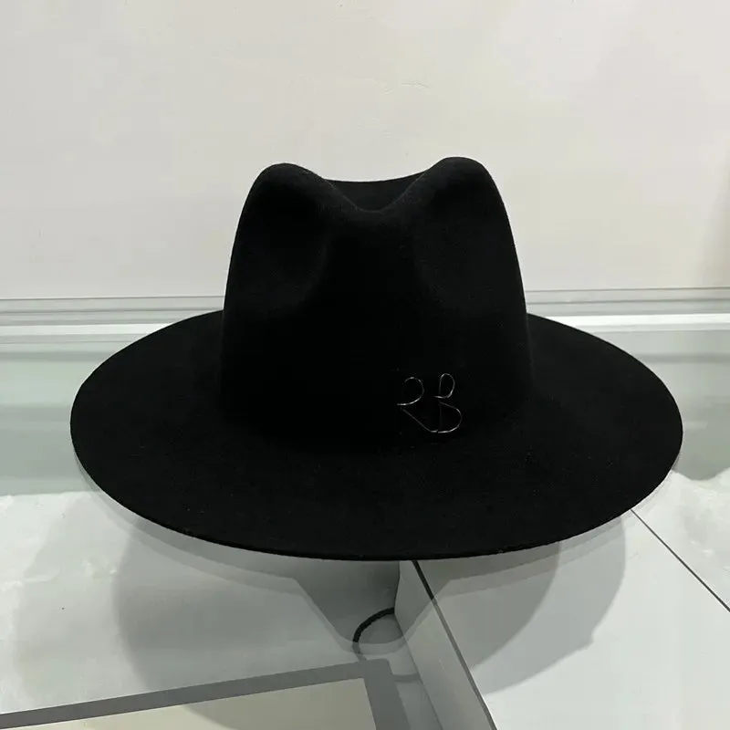 Men and Women Vintage Wool Wide Brim RB Embroidered Fedora Hat