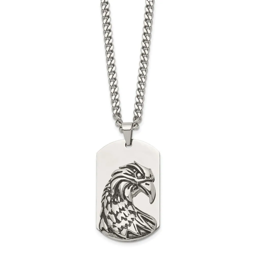 Mens Stainless Steel Antiqued & Polished Eagle Dog Tag Necklace, 22 In