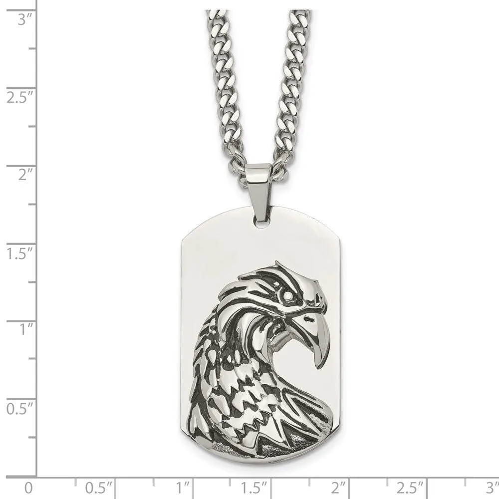 Mens Stainless Steel Antiqued & Polished Eagle Dog Tag Necklace, 22 In