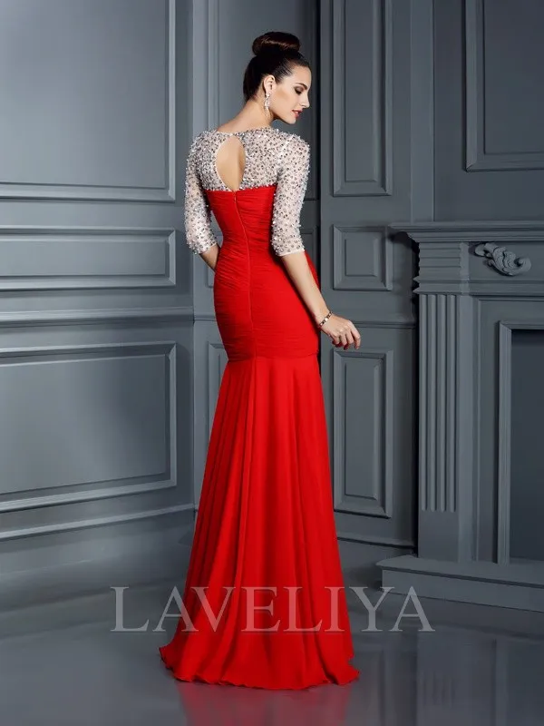 Mermaid Scoop 3/4 Sleeves Beading Floor-Length Chiffon Dress  #YP230115