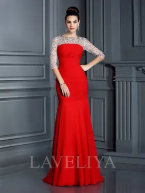 Mermaid Scoop 3/4 Sleeves Beading Floor-Length Chiffon Dress  #YP230115