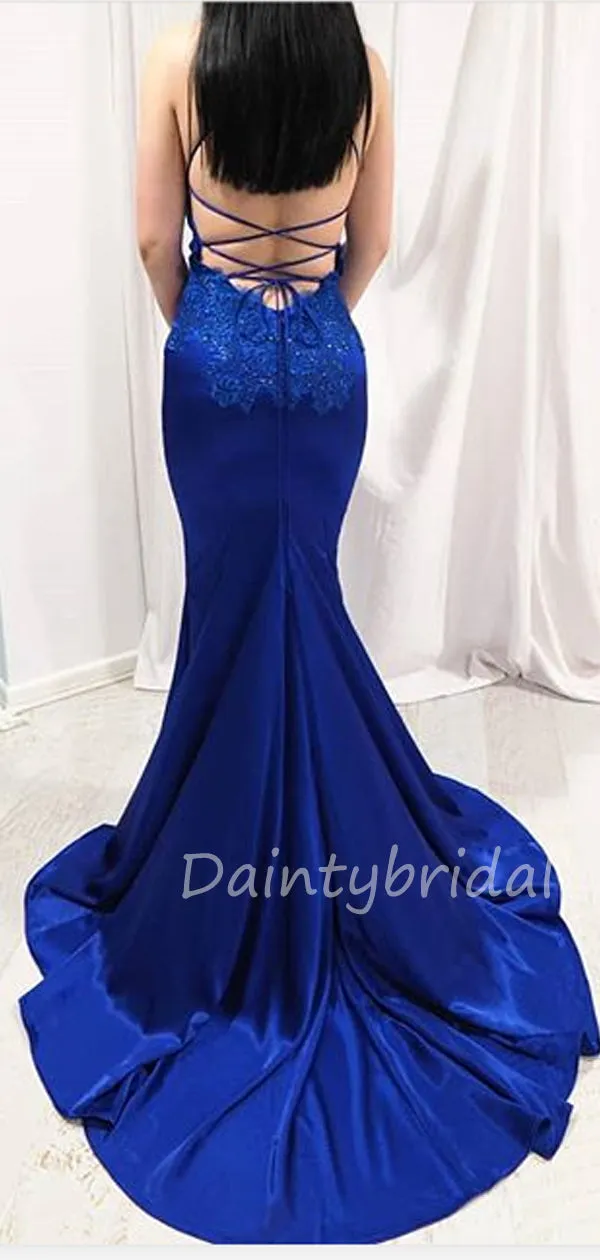 Mermaid V-neck Open Back Satin Long Prom Dresses Evening Dresses.DB10418