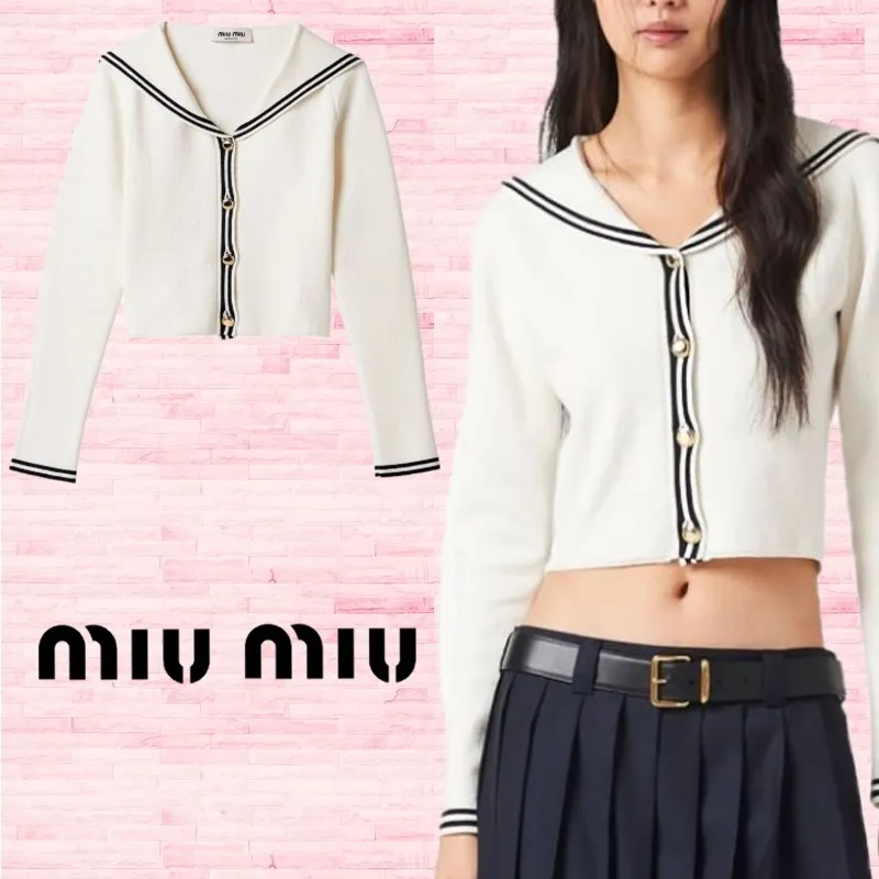 MiuMiu  |Stripes Long Sleeves Cotton Logo Cardigans