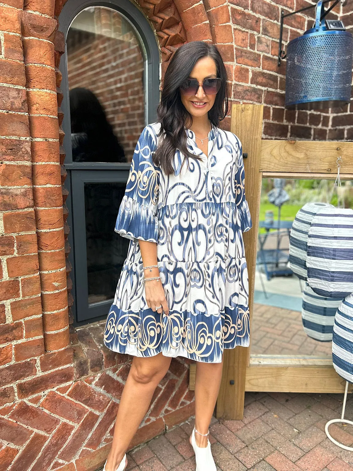 Navy Printed Tiered Dress Bianca