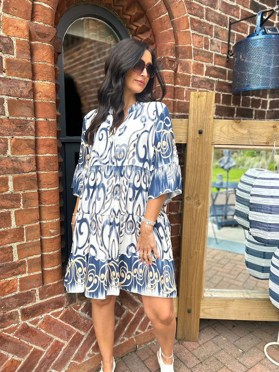 Navy Printed Tiered Dress Bianca