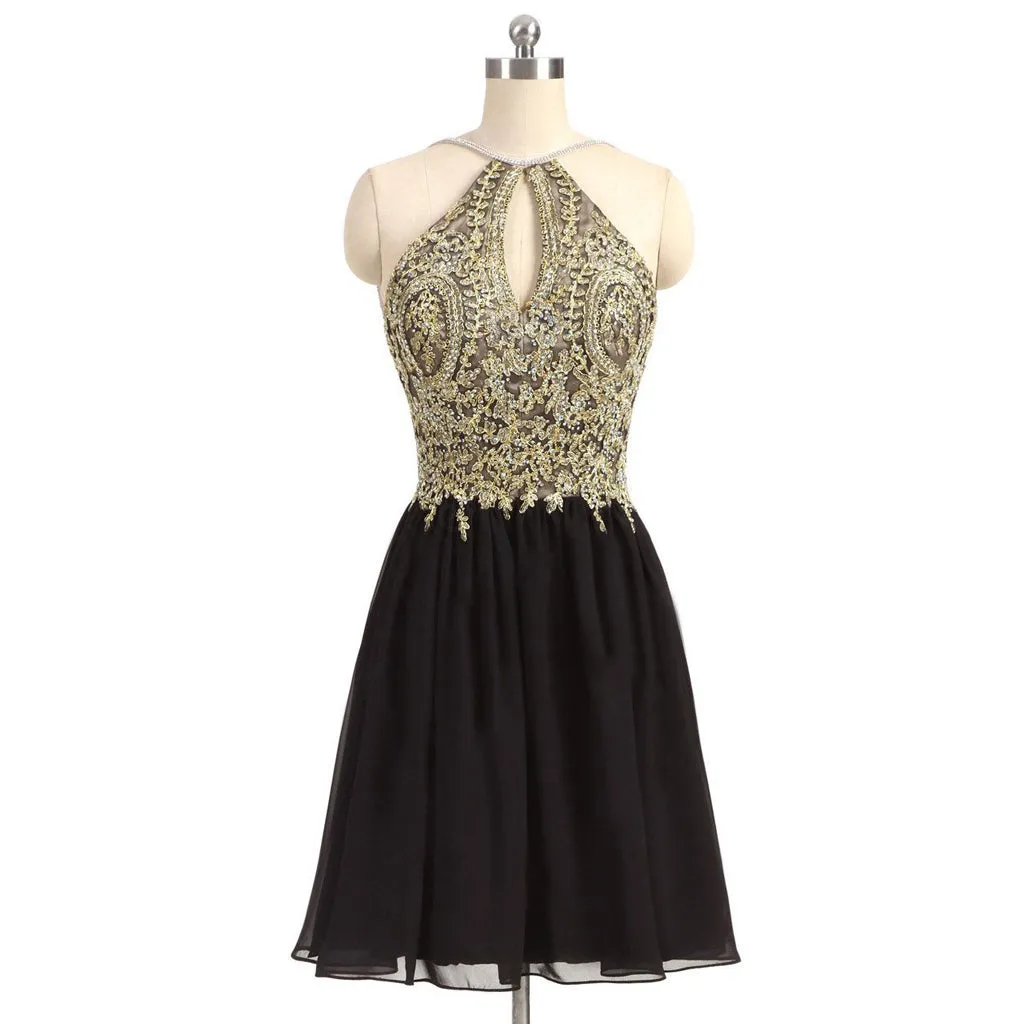 Newest Unique Beading Halter Lace Appliques Top  Black Chiffon Skirt Open Back Homecoming Dress,BD0141