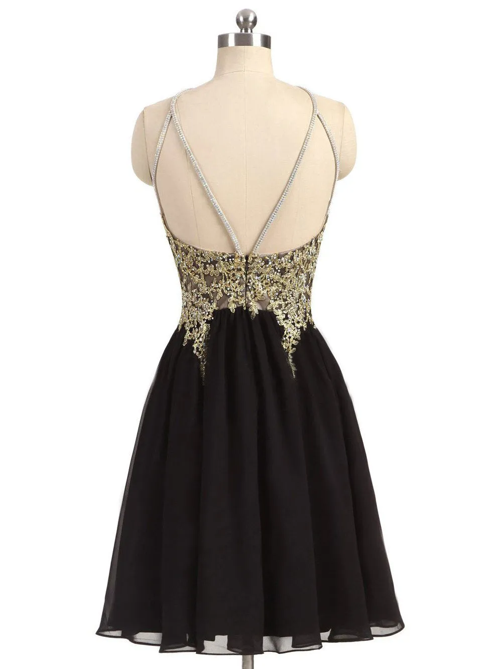 Newest Unique Beading Halter Lace Appliques Top  Black Chiffon Skirt Open Back Homecoming Dress,BD0141