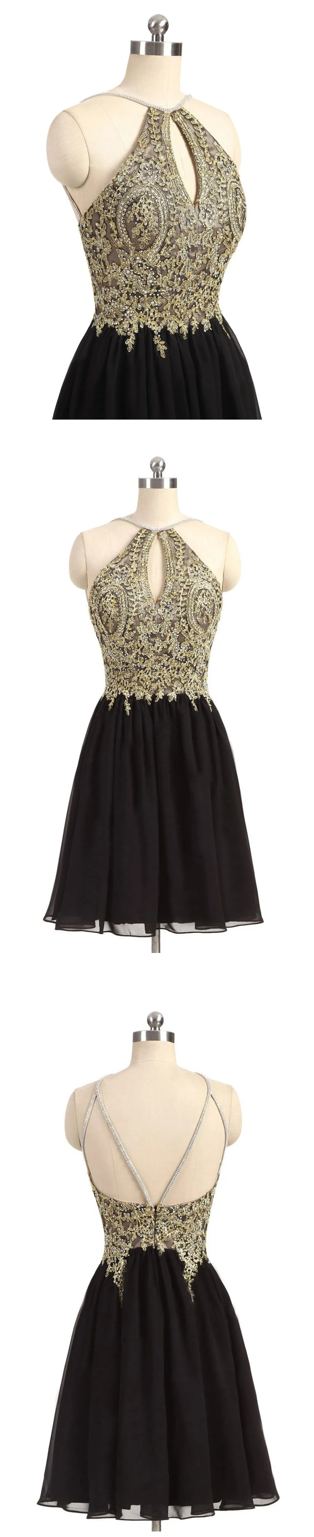 Newest Unique Beading Halter Lace Appliques Top  Black Chiffon Skirt Open Back Homecoming Dress,BD0141