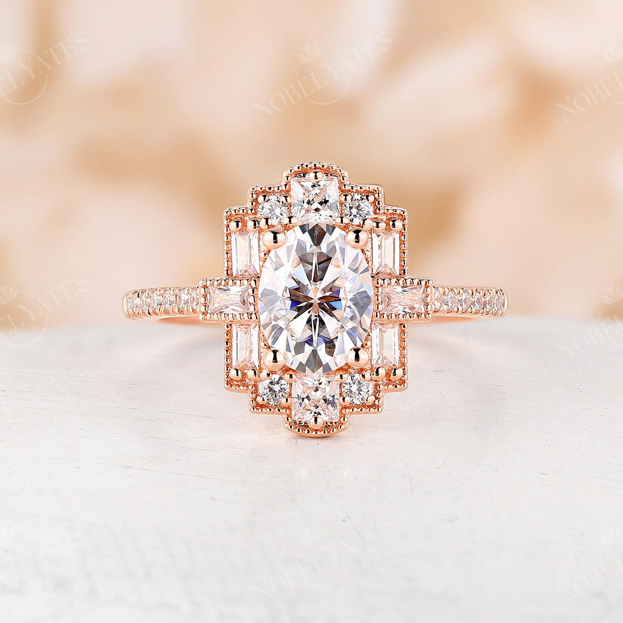 Oval Moissanite Art Deco Rose Gold Milgrain Engagement Ring