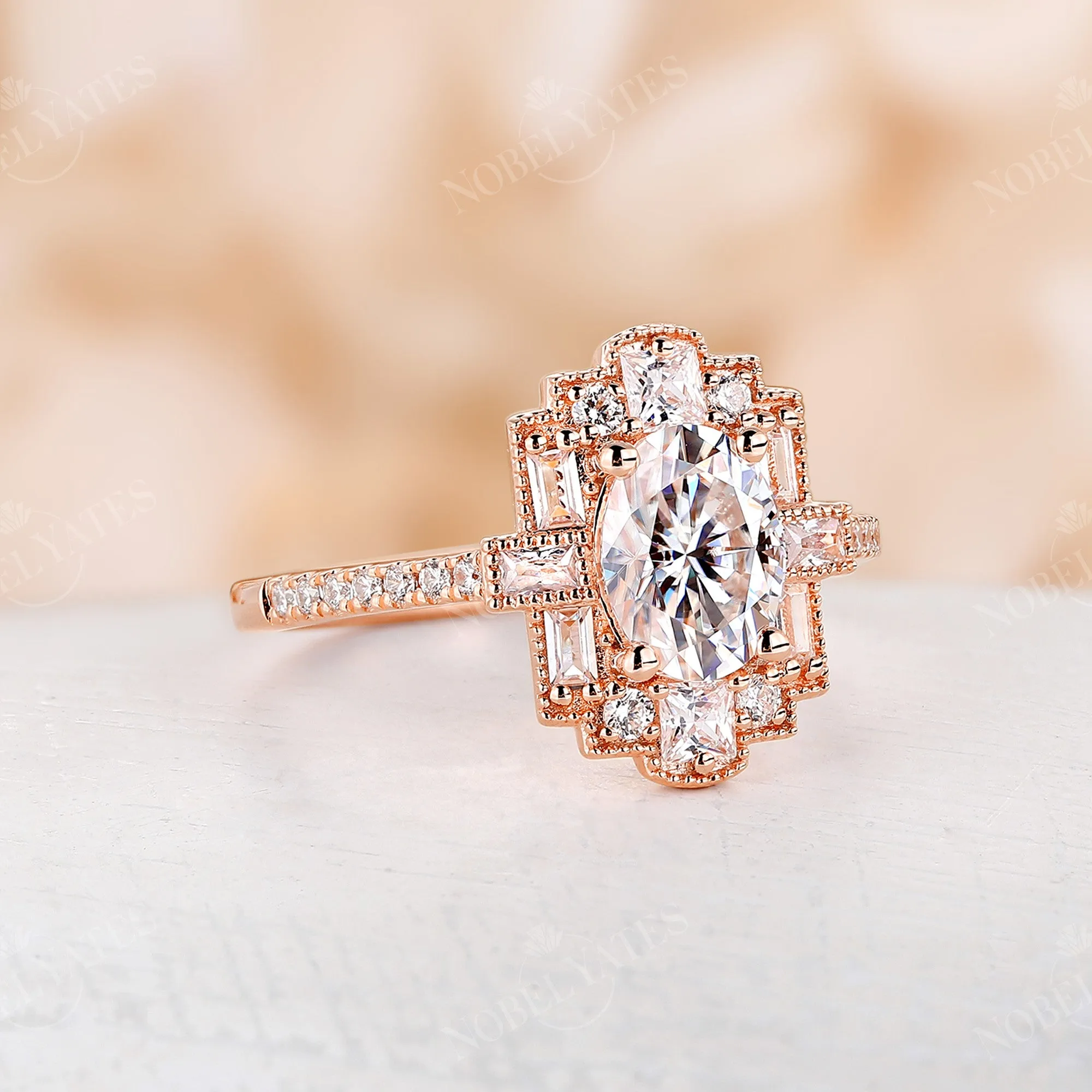 Oval Moissanite Art Deco Rose Gold Milgrain Engagement Ring