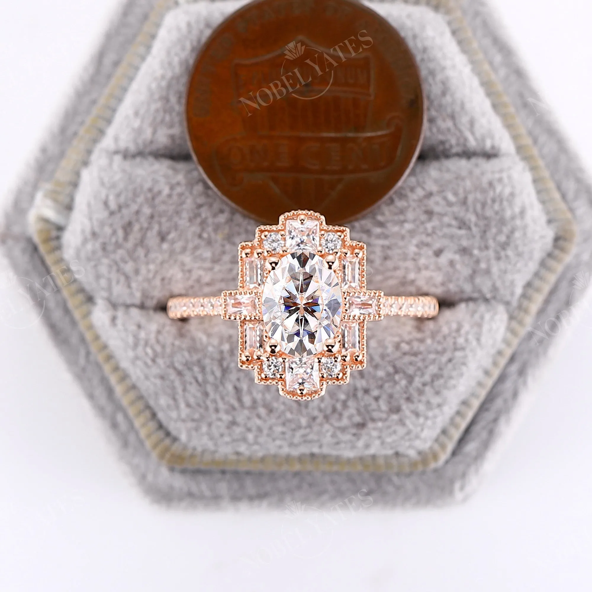 Oval Moissanite Art Deco Rose Gold Milgrain Engagement Ring