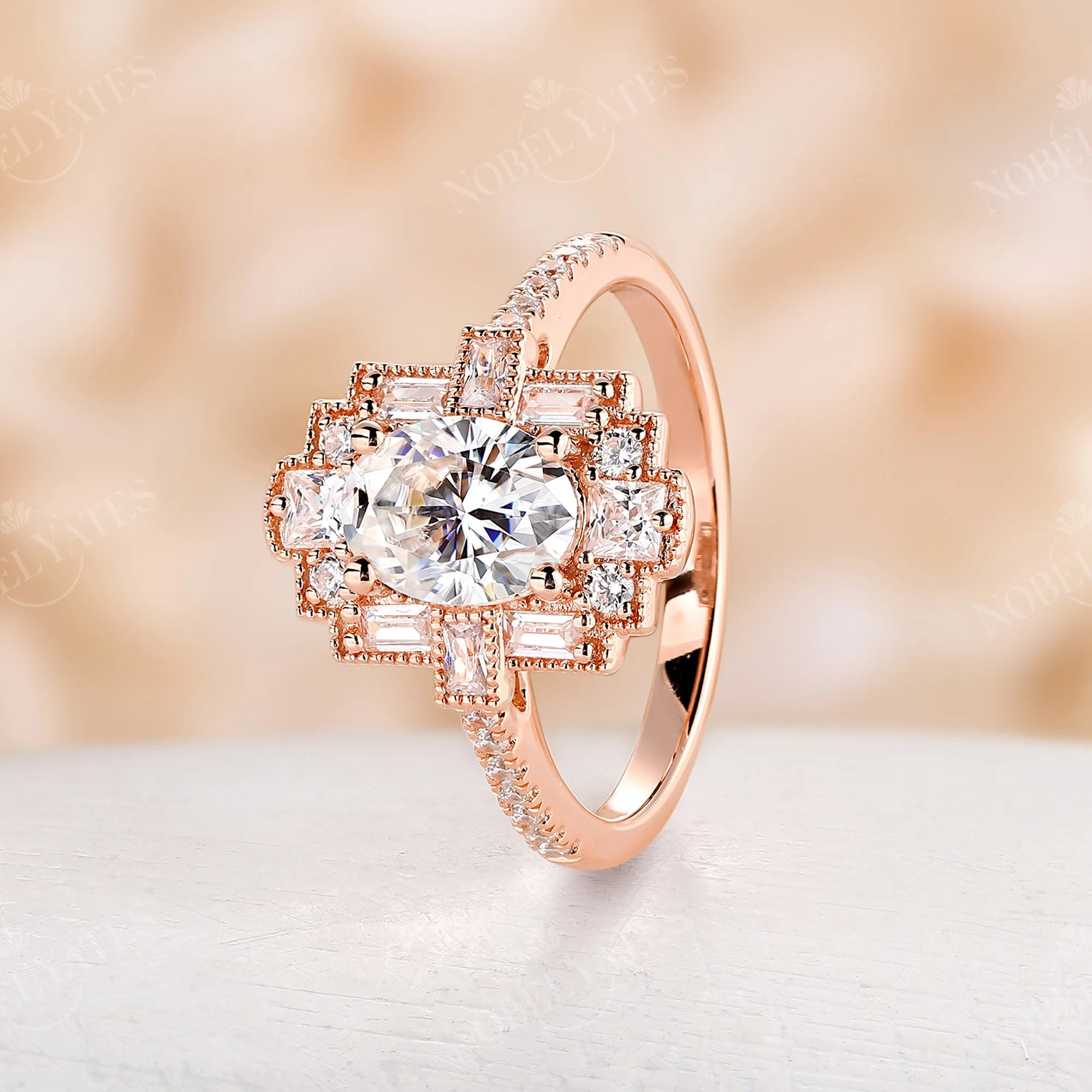 Oval Moissanite Art Deco Rose Gold Milgrain Engagement Ring