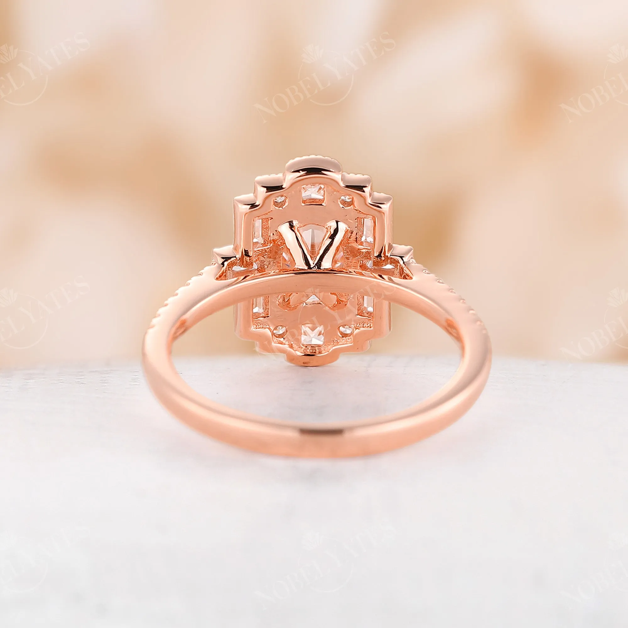 Oval Moissanite Art Deco Rose Gold Milgrain Engagement Ring