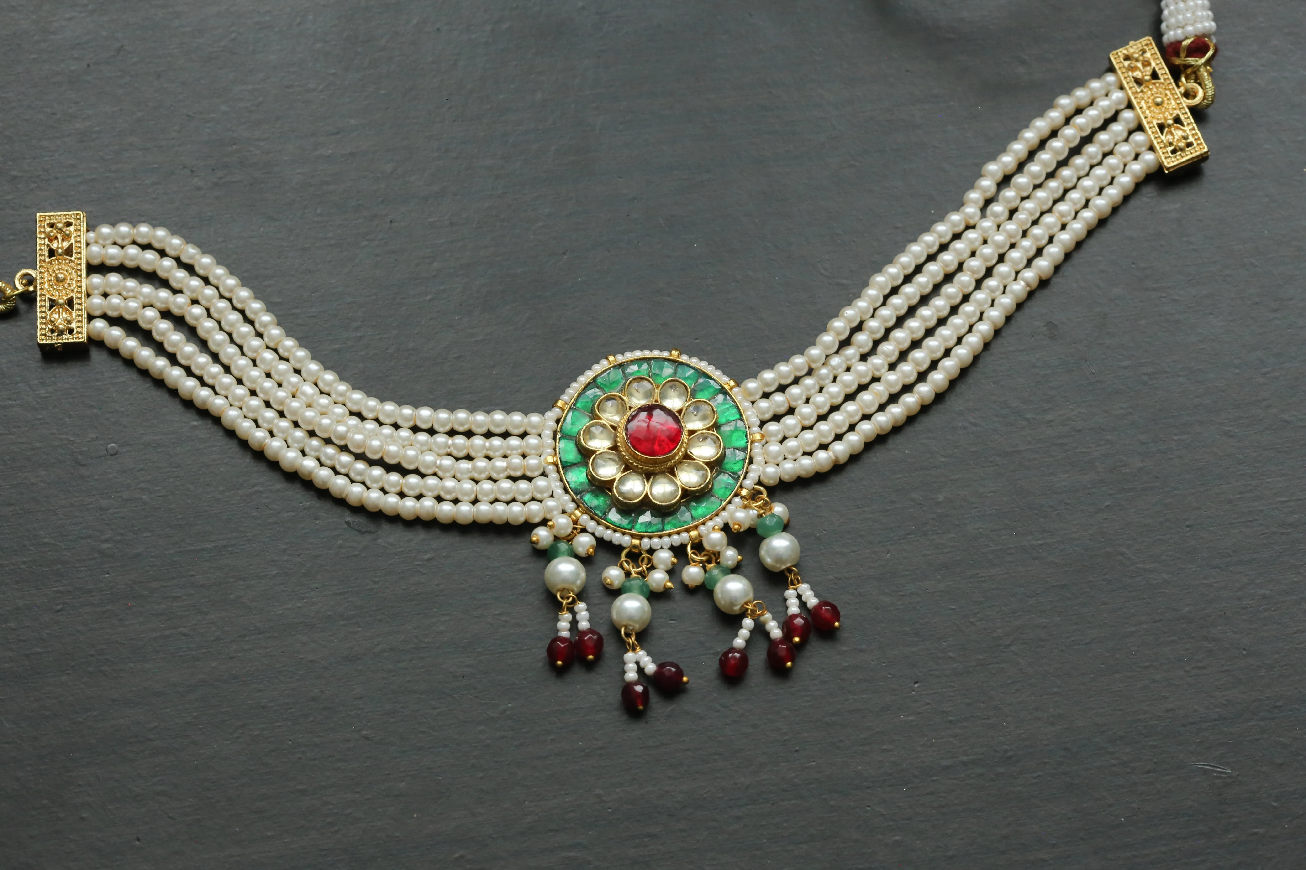 Pachi Kundan Pearl Choker Necklace - Green