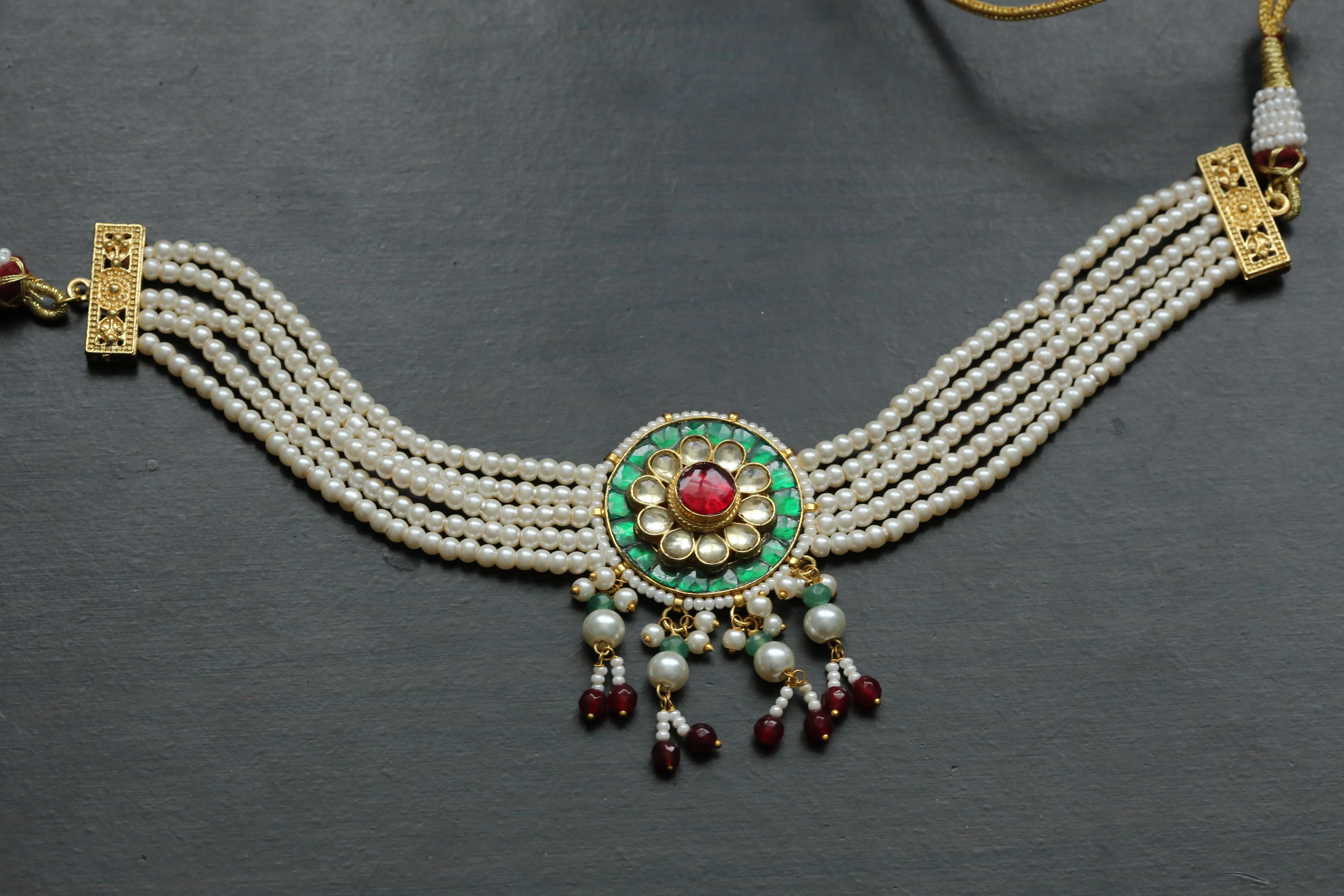 Pachi Kundan Pearl Choker Necklace - Green