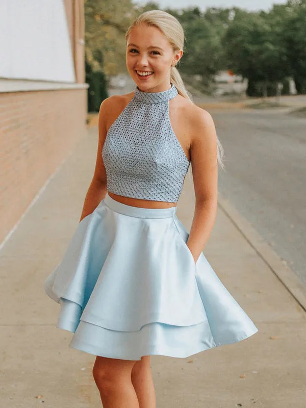 Pale Blue Beading Top Two Piece High Neck Open Back Homecoming Dresses,BD0187