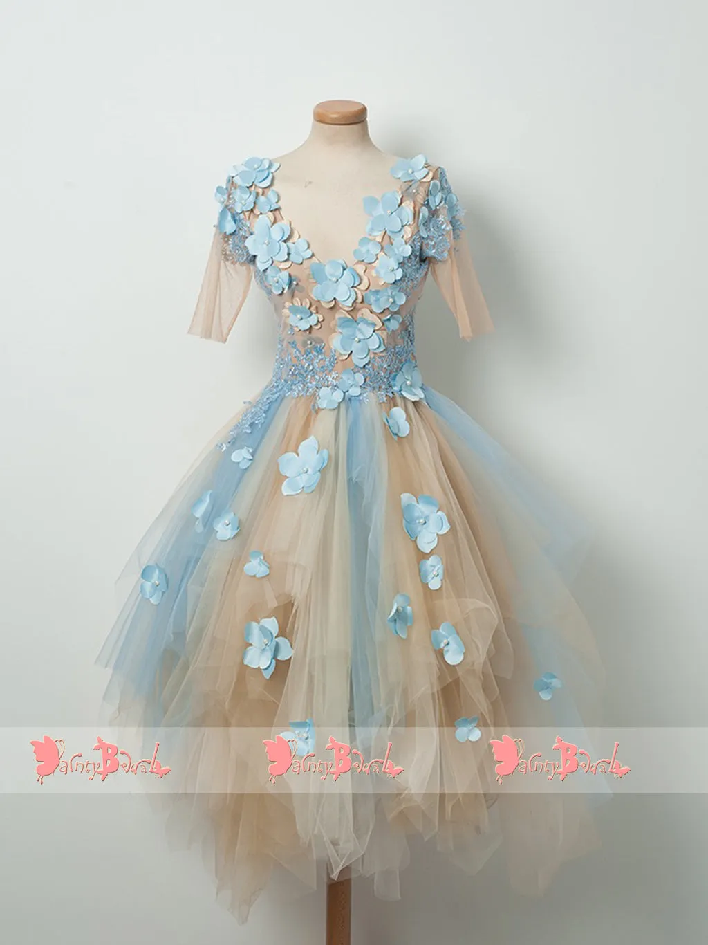 Pale Blue Lace With Handmade Flowers Half Sleeves V-neck Sweet Homecoming Dresses,BD0154