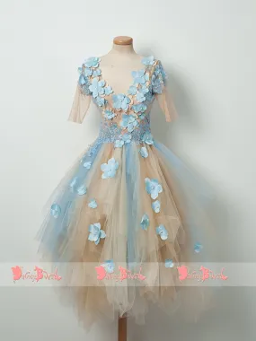 Pale Blue Lace With Handmade Flowers Half Sleeves V-neck Sweet Homecoming Dresses,BD0154