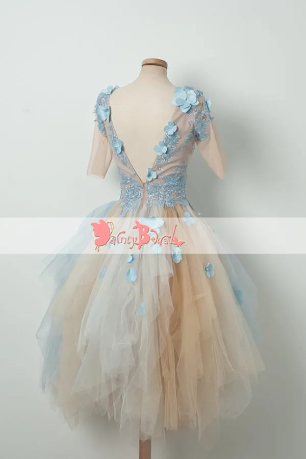 Pale Blue Lace With Handmade Flowers Half Sleeves V-neck Sweet Homecoming Dresses,BD0154