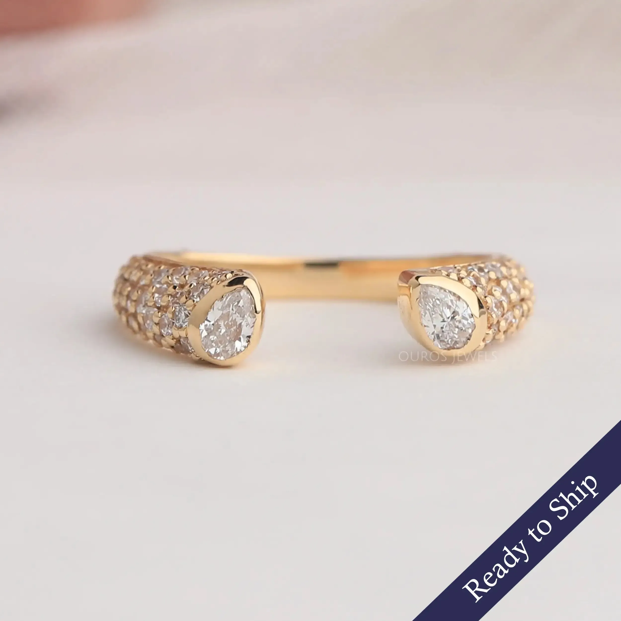 Pear And  Round Diamond Open Cuff Ring