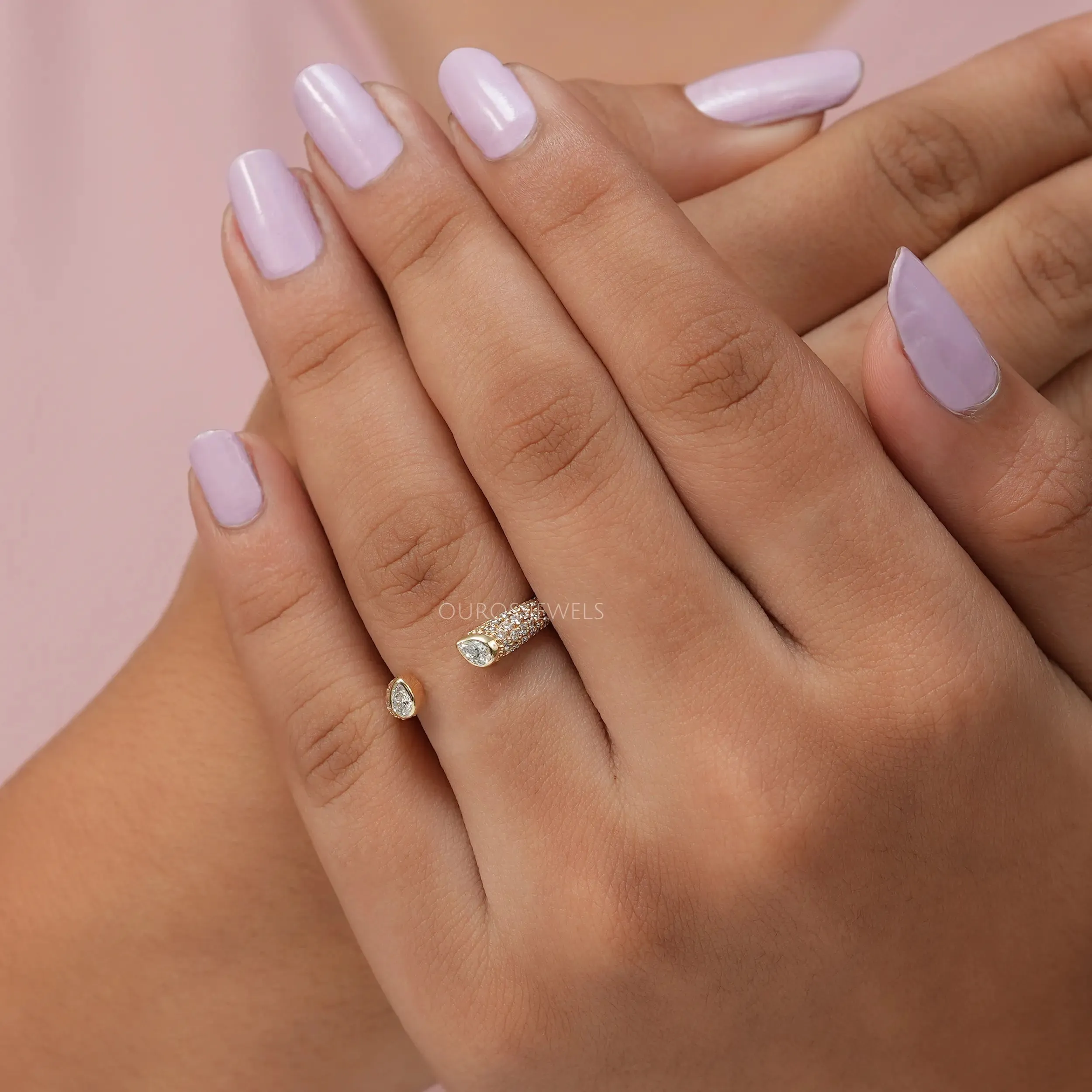 Pear And  Round Diamond Open Cuff Ring