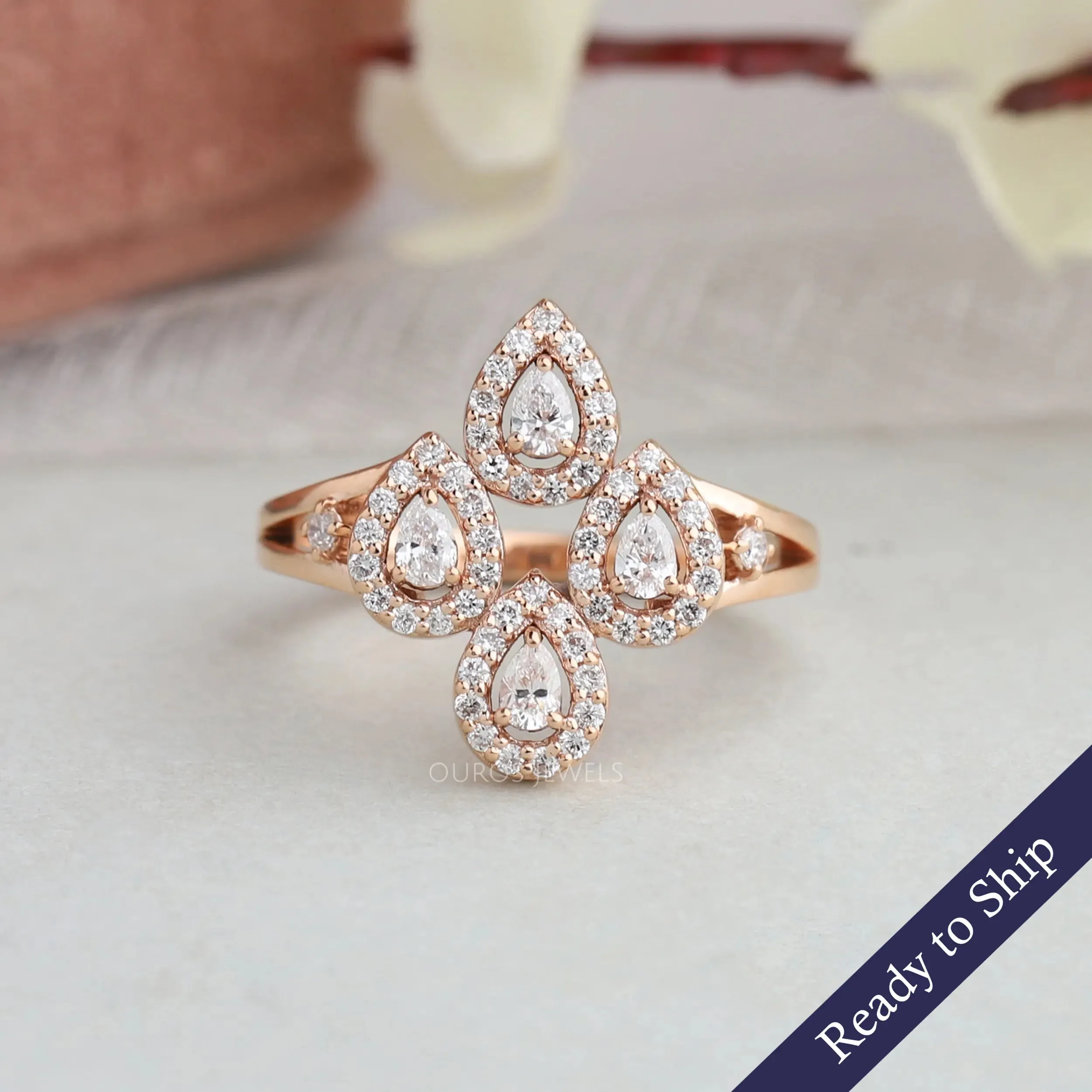 Pear Cut Halo Diamond Flower Style Ring