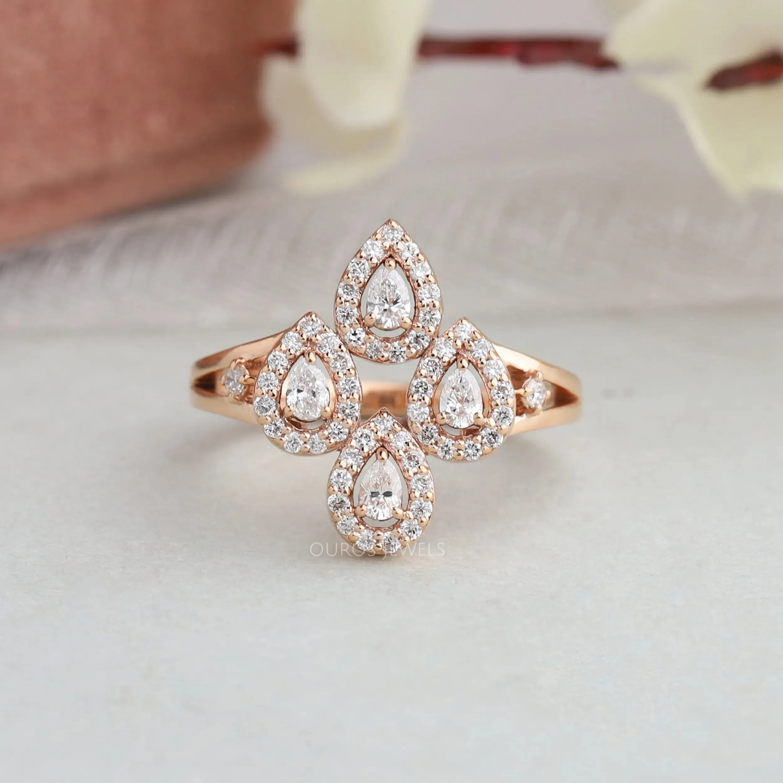 Pear Cut Halo Diamond Flower Style Ring