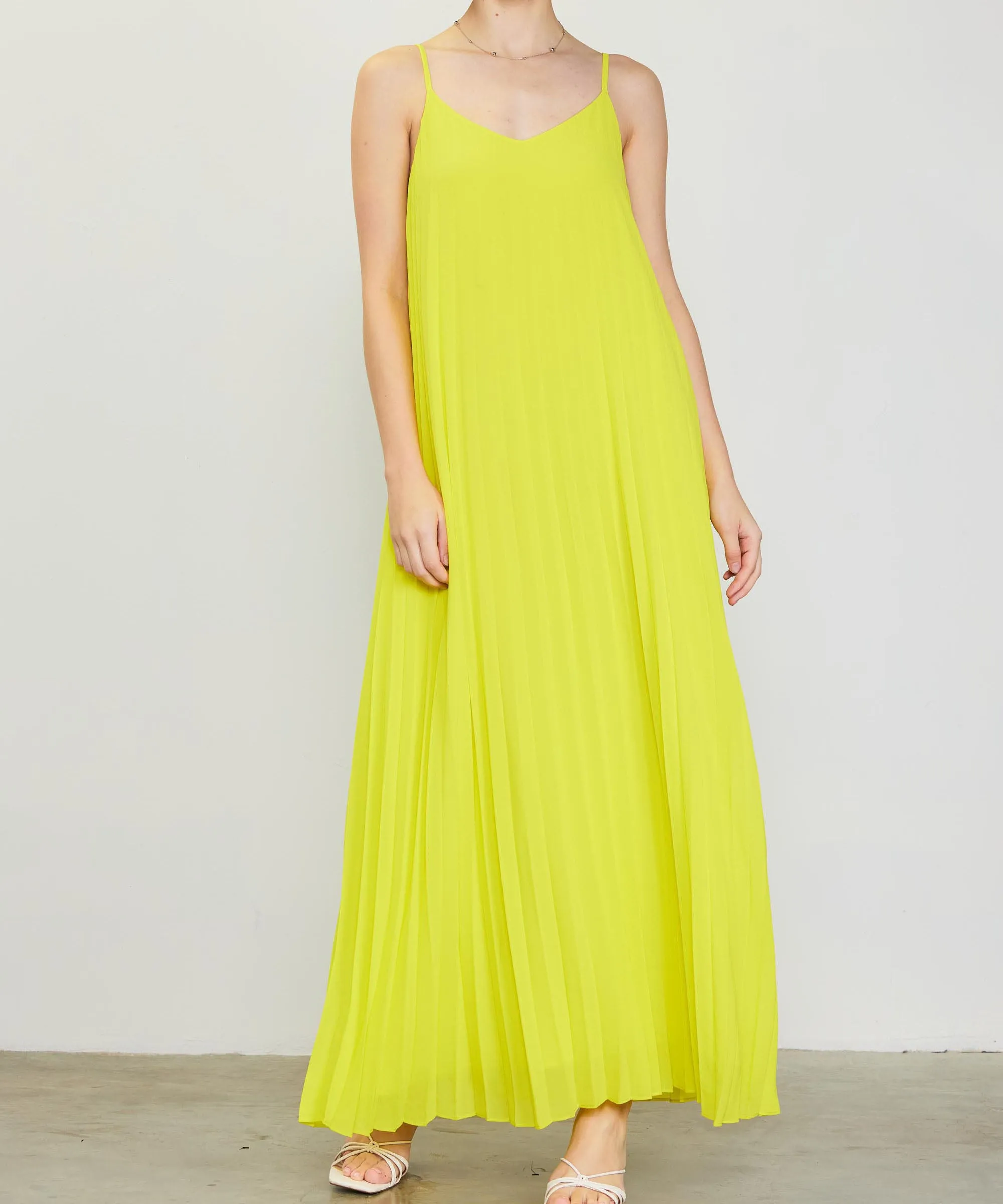 Pleated Maxi Dress - Lime Yellow