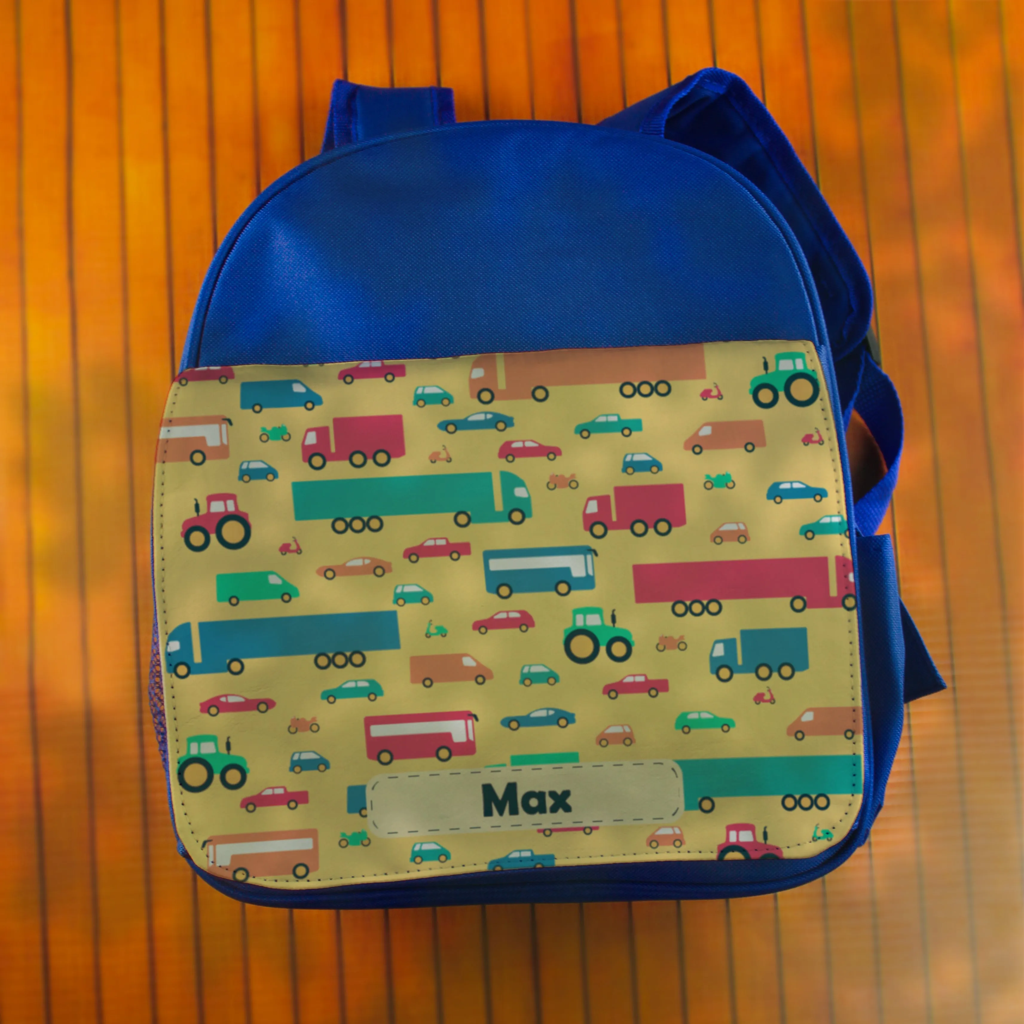 Printed Kids Blue Backpack with Vehicle Design, Customise with Any Name