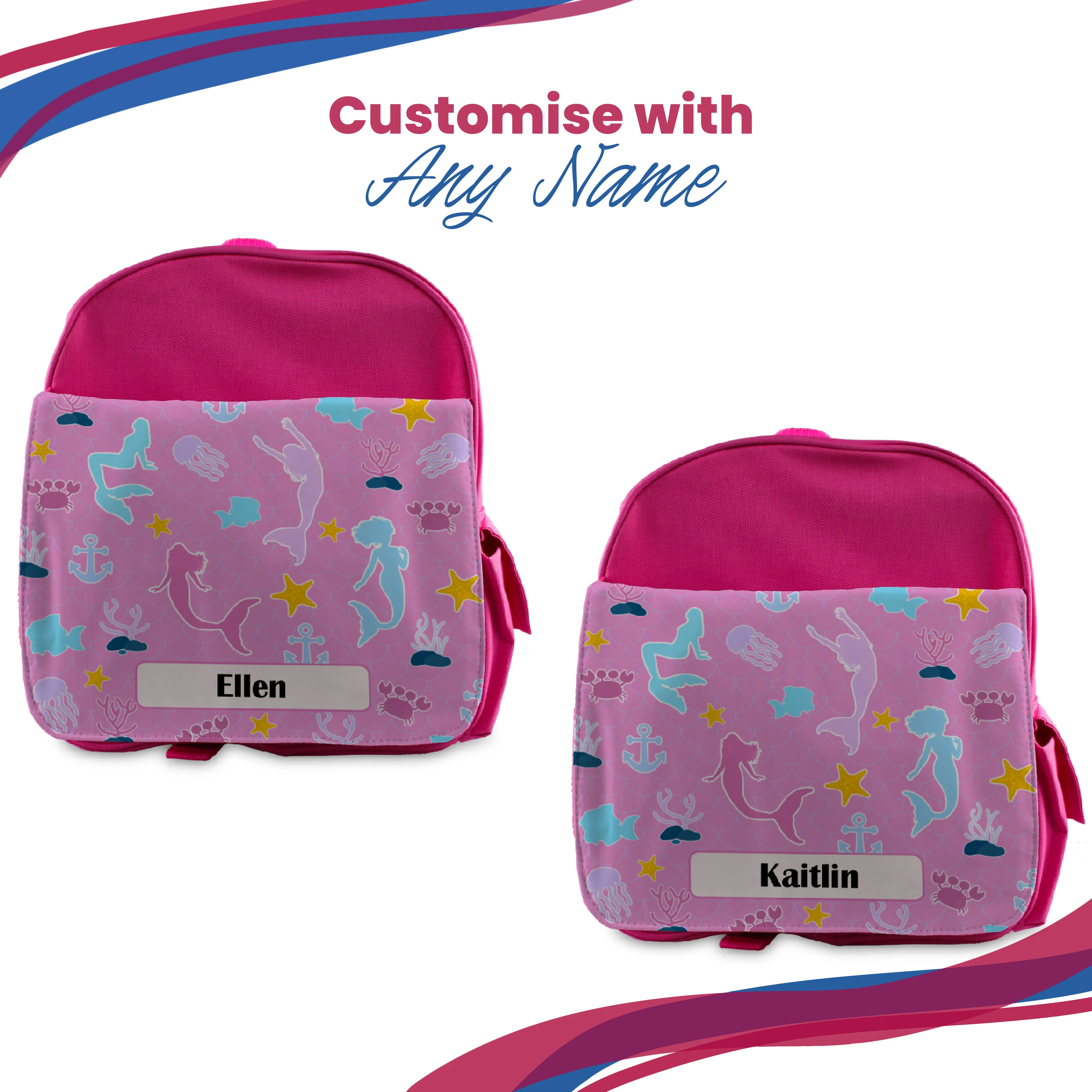 Printed Kids Pink Backpack with Mermaid Design, Customise with Any Name